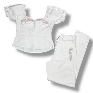 Vintage 90s White Denim Set Embroidered Floral Cottagecore‎ Puff Sleeve XS